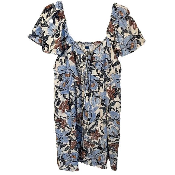 Old Navy Size L Flutter Sleeve Linen Blend Floral‎ Babydoll Dress Blue Cream - Picture 1 of 11